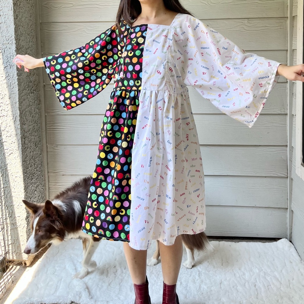 Handmade Alphabet Rainbow Dot Black&White Half&Half Split Dress SKU 08071